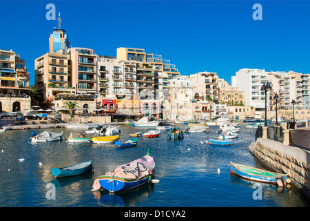 Spinola Bay with restaurants, St. Julian`s, Malta, Mediterranean, Europe Stock Photo